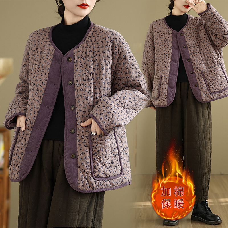 Spot new winter Korean style small floral stand collar down cotton coat large size loose retro large version cotton coat