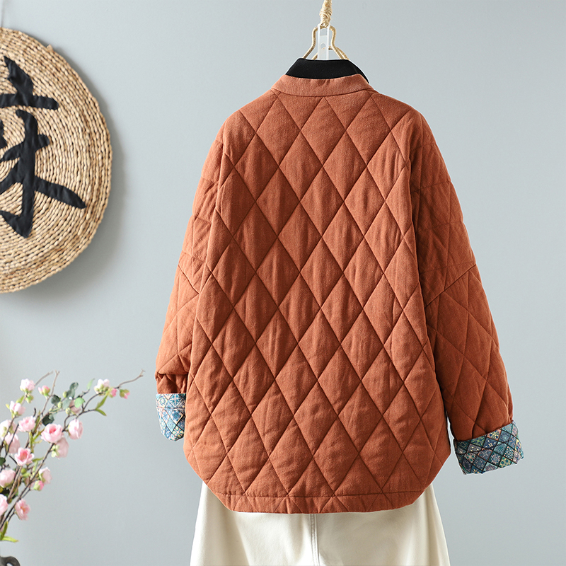 Autumn and winter new style women's casual fashion cotton coat new Chinese style plate button linen stand collar cotton coat retro