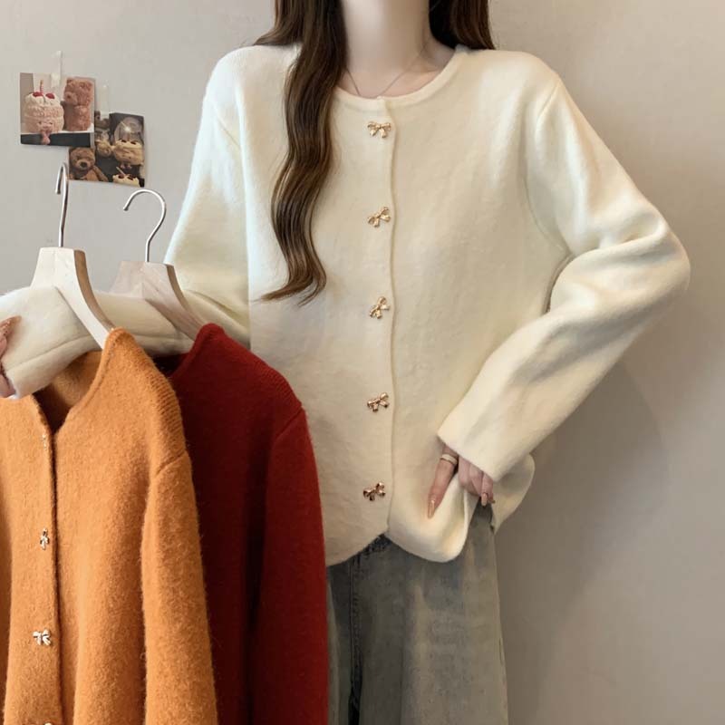 2024 autumn and winter small fragrance thickened bow single-breasted cardigan sweater women's large size versatile slimming top