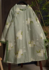 Original picture real winter cotton and linen printed stand collar mid-length national style slit cotton jacket