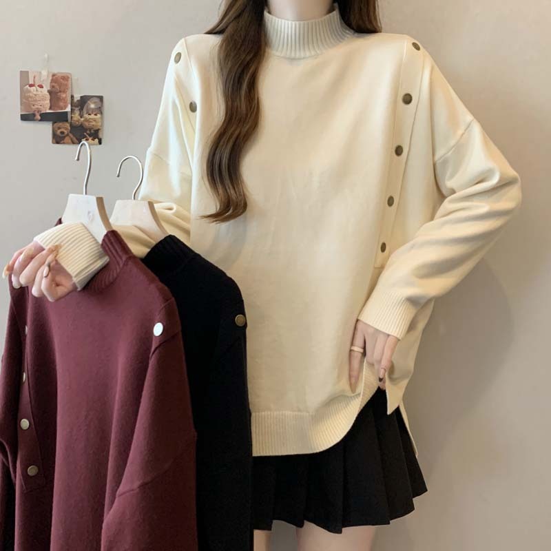 2024 Autumn and Winter Double-breasted Drop Sleeve Half-Turtle Collar Sweater Women's Large Size Loose Casual Top