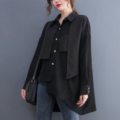 Ready in stock autumn and winter brushed new design dark splicing irregular western style color matching chic shirt for women