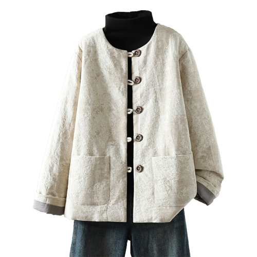 New Chinese style linen jacquard thickened cotton jacket for women short fashion warm jacket