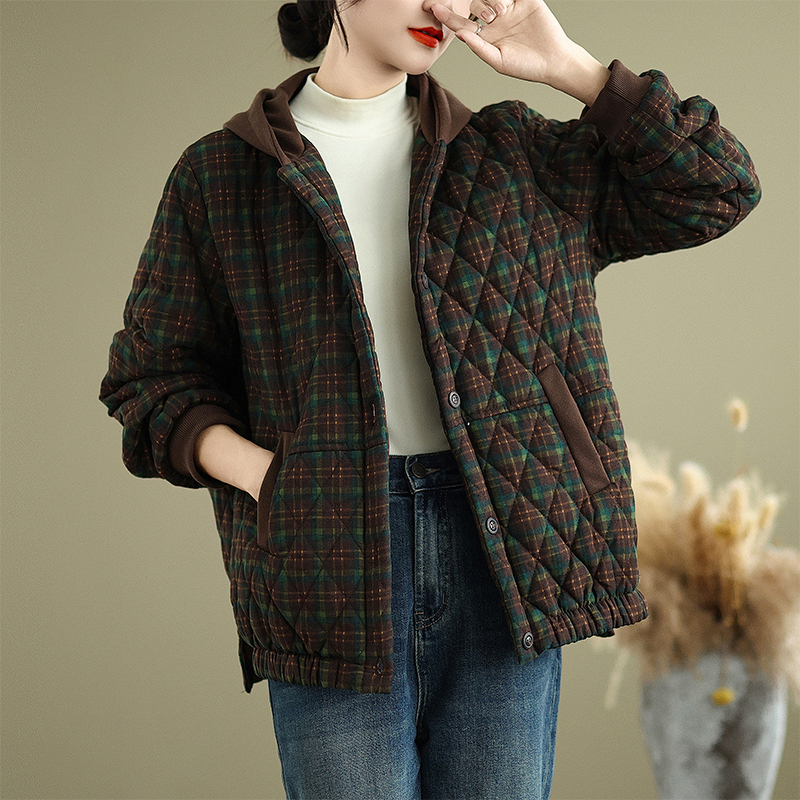 Korean style down cotton coat 2024 autumn and winter high-end large size printed diamond pattern retro hooded loose cotton coat