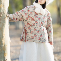 Corduroy printed down cotton coat for women 2024 winter short thickened and warm national style button-down cotton coat