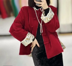 New Chinese style cotton coat for women winter new double-sided burgundy velvet retro warm national style cotton coat and jacket