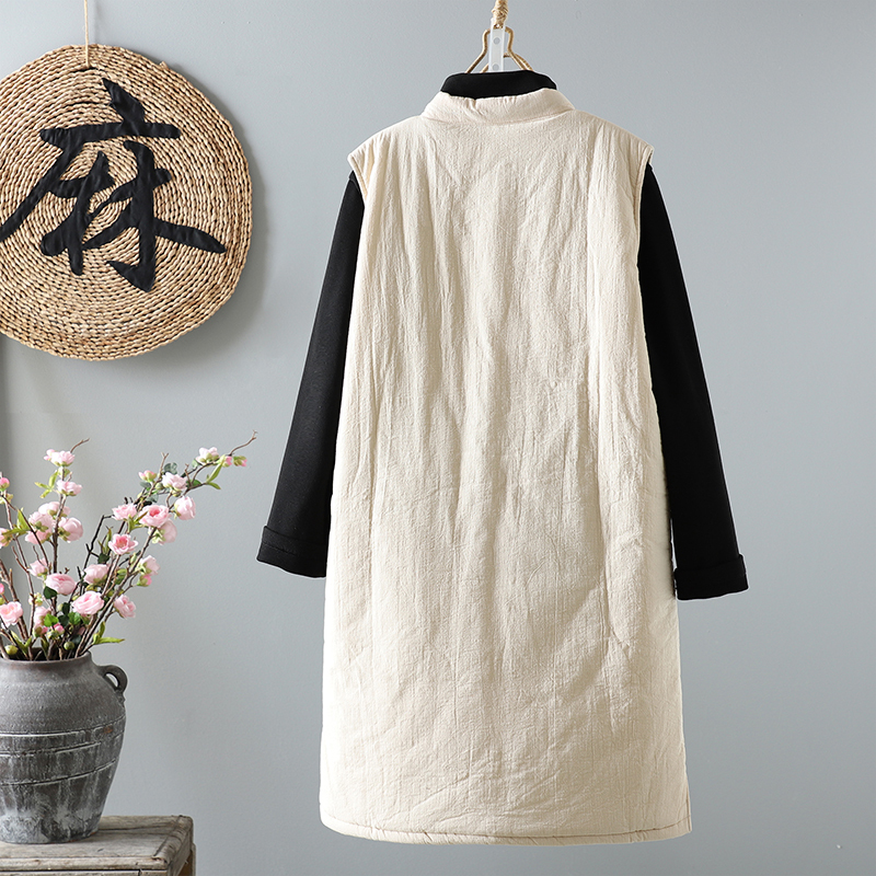 Retro Sleeveless Cotton Coat New Chinese Style Disk Button Warm Padded Waistcoat Mid-Length Thickened Vest Jacket