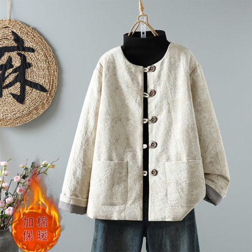 New Chinese style linen jacquard thickened cotton jacket for women short fashion warm jacket