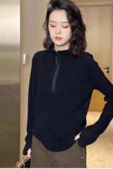 European double-sided German velvet stand-up collar half-zip long-sleeved T-shirt for women in autumn and winter, versatile slim fit and warm bottoming top