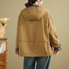 High-quality winter retro cotton windbreaker double-layer jacket with inner plaid hooded quilted jacket warm cotton jacket