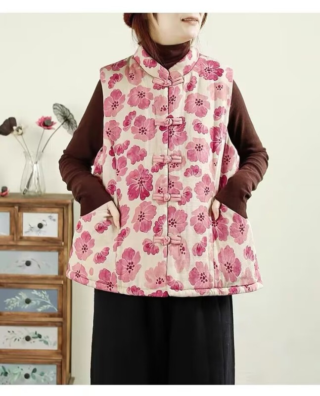 #literaryretro quilted vest 24 winter new stand-up collar printed disc buckle large pockets age-reducing slimming vest