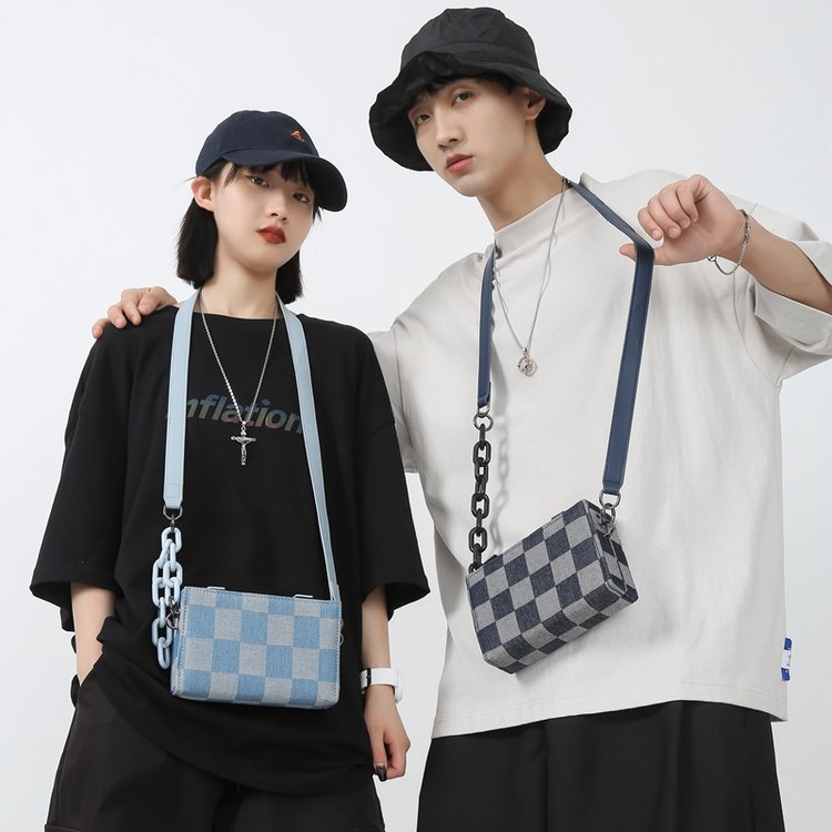 Denim chain small square bag for men, trendy brand, casual and versatile, fashionable Korean box bag, canvas one-shoulder crossbody bag for women