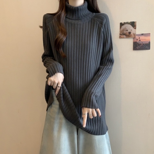 Turtleneck gray sweater thickened sweater for women 2024 autumn and winter large size loose slimming mid-length bottoming shirt