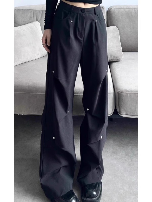 Designed high-waist workwear wide-leg pants for women 2024 new large size fat mm slimming rivet pleated casual straight pants