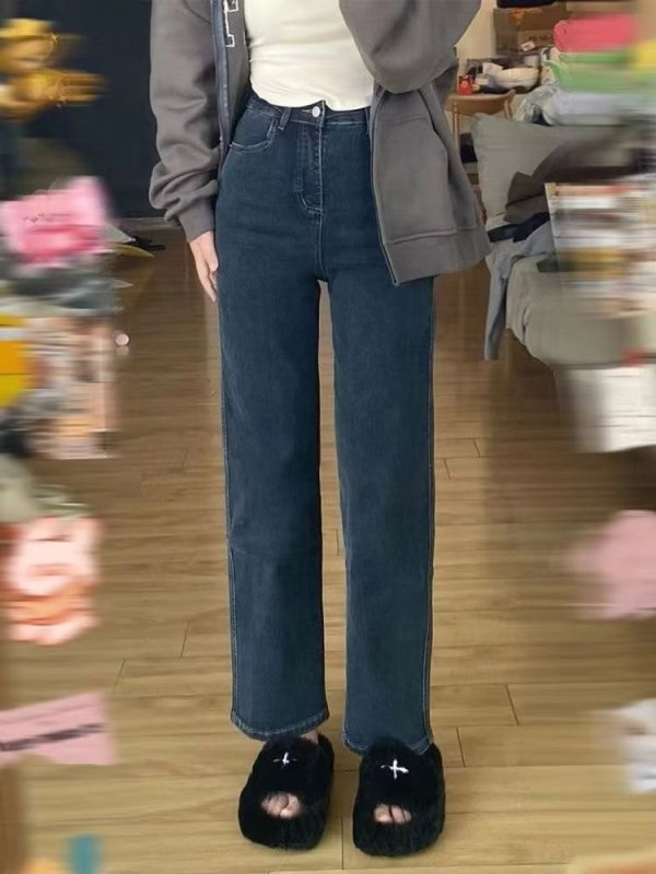 Blue-gray jeans, loose straight leg, autumn and winter, small, high-waist, slim, pear-shaped body trousers for women