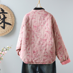 2024 Chinese style printed cotton, linen and velvet tops for women, autumn and winter new Chinese style stand-up collar, loose coat with buckles