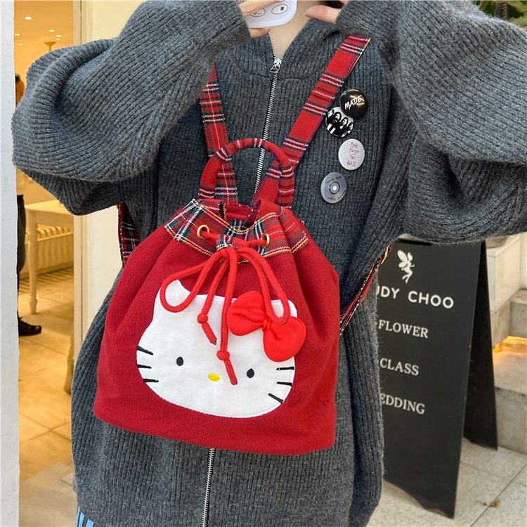 Japanese cute Hello kitty retro red plaid plush backpack college style super Christmas small backpack for women