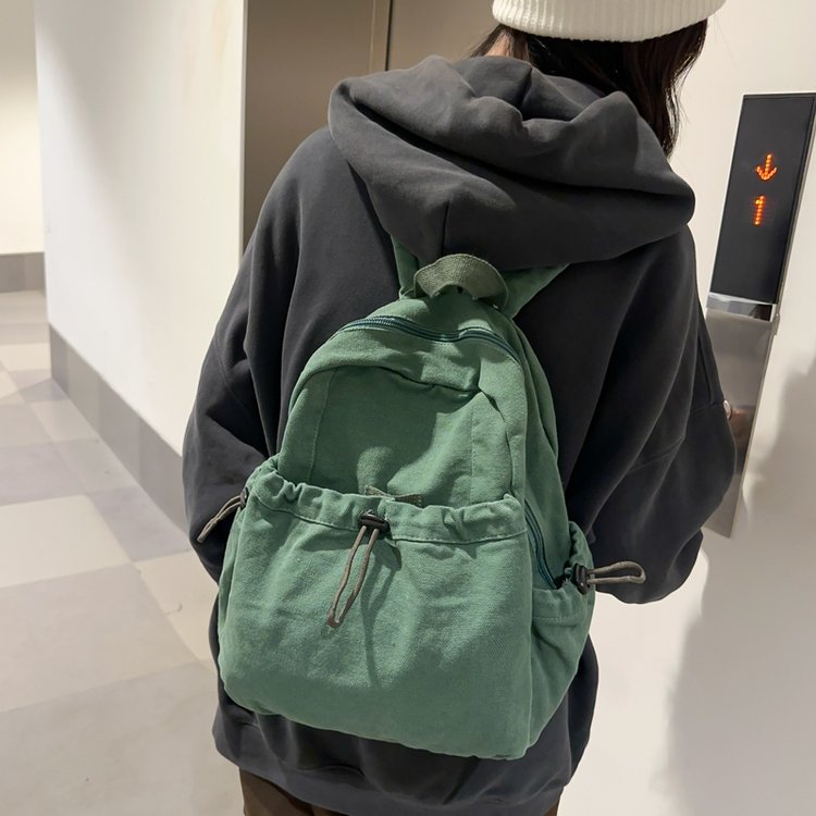 Washed canvas backpack women's Japanese simple casual retro drawstring small backpack high school student school bag