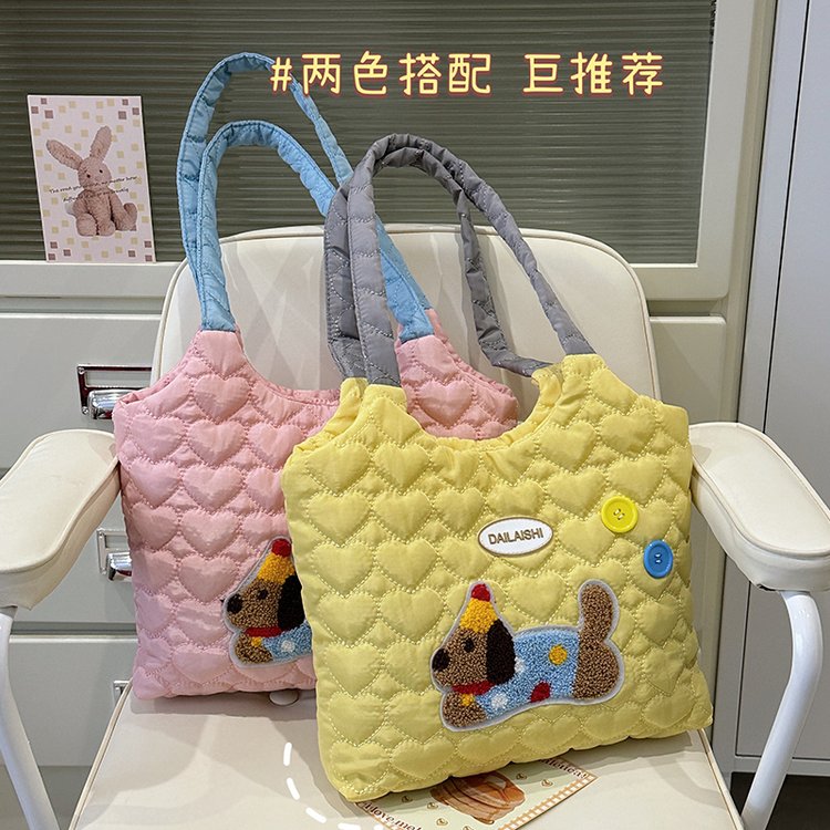 Niche design puppy embroidery contrasting color one-shoulder cute versatile lazy student backpack large capacity tote bag