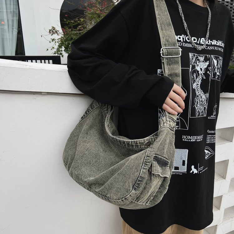 Washed canvas bag for women Japanese denim crossbody bag large capacity lazy style literary retro shoulder bag for women