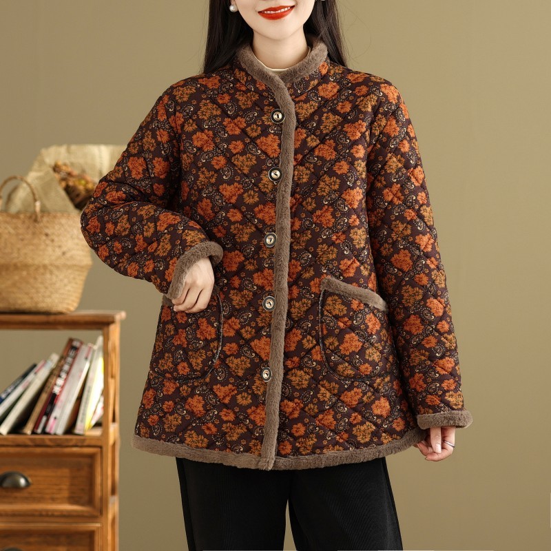 2024 Autumn and Winter New Loose Stand Collar Printed Velvet Warm Top Jacket
