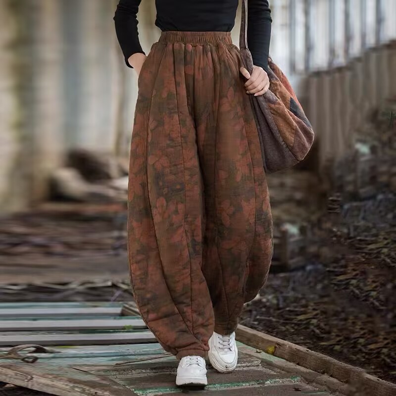 #2024 new cotton and linen quilted pants cotton and linen bloomers national style printed cotton and linen cotton pants
