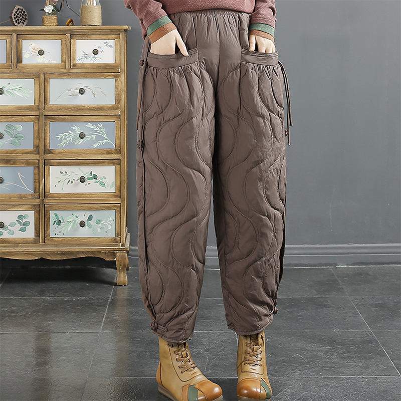 2024 winter new national style casual buckle water corrugated down pants thickened warm lantern cotton pants