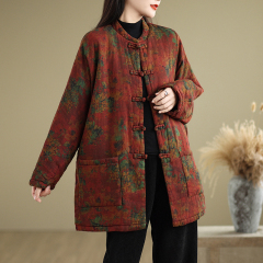 Autumn retro ethnic style printed Chinese button coat loose cotton gauze long-sleeved cardigan
