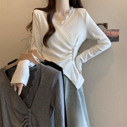 Designed lace splicing V-neck all-match bottoming shirt for women in autumn and winter fat mm waist waist pleated irregular top