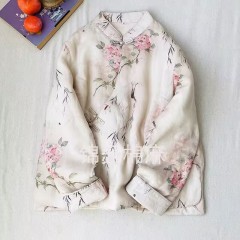Original literary retro ramie quilted top, Chinese-style slanted placket, stand-up collar, contrasting color, hand-sewn disc-button cotton jacket for women