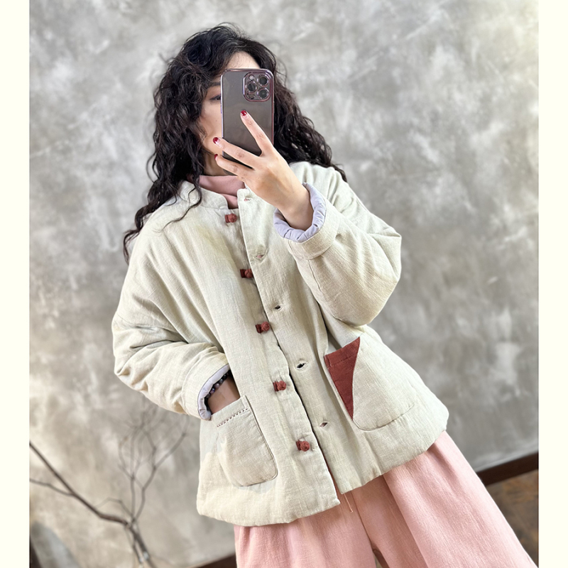 2024 Winter Warmth New Matching Stand Collar Niche Contrast Color Embroidery Thread Disc Button Slimming Cotton Clothes