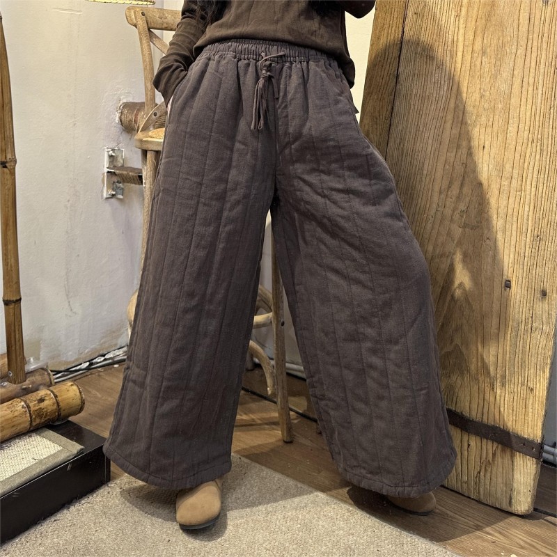 2024 winter new large size loose quilted retro niche casual women's versatile cotton, linen and linen thickened wide-leg pants
