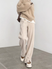 Herringbone velvet wide-leg pants for women winter 2024 new style woolen slit pants straight-leg wool narrow version banana pants