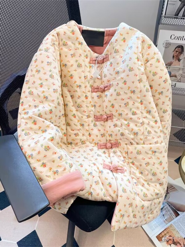 National style new Chinese style cotton-padded clothes with buttons for women in autumn and winter thickened warm quilted jackets floral cotton-padded jackets