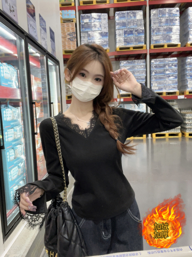 Spot 2024 new autumn and winter new fat mm plus size women's lace plus velvet thickening bottoming long-sleeved T-shirt top