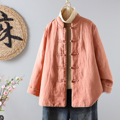 Winter linen solid color double-breasted quilted jacket Chinese retro thickened warm Zen tea coat cotton coat