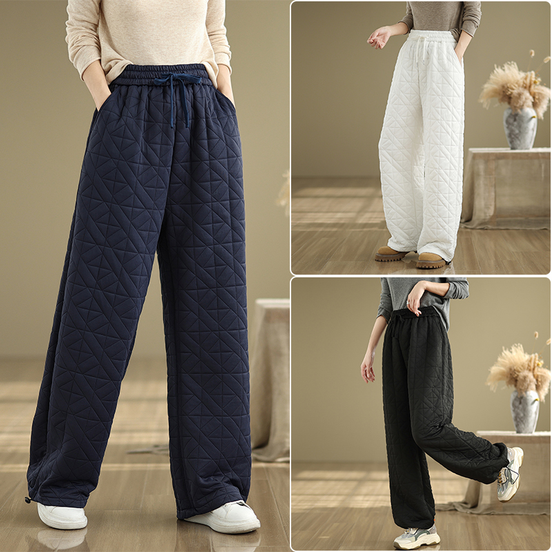 Autumn and winter rhombus quilted cotton trousers, large size loose cotton trousers, casual thickened and versatile elastic waist wide leg trousers