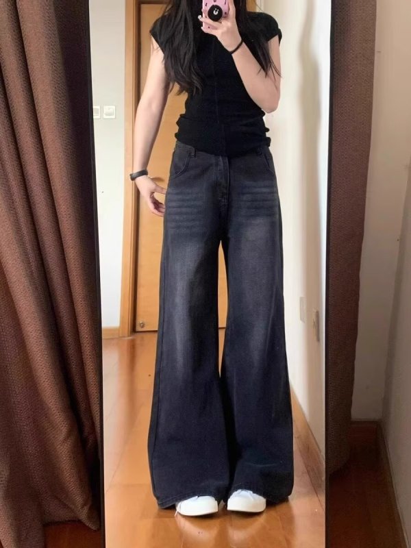 Tall retro black and gray wide leg jeans for women autumn high waisted loose slim straight floor mopping pants