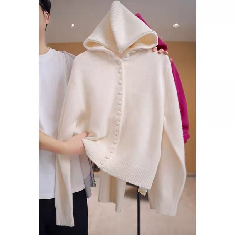 Solid color hooded single-breasted design knitted cardigan for women 2024 autumn new fashion loose casual long-sleeved top