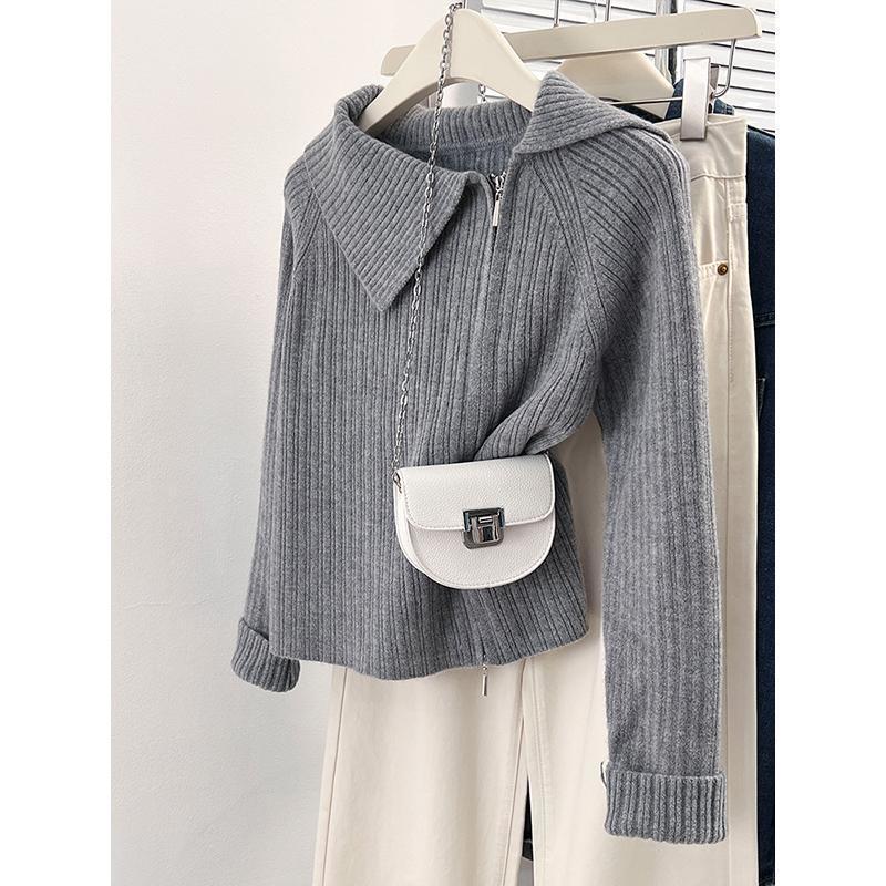 Gray lapel double zipper knitted cardigan for women autumn and winter design niche temperament high-end sweater jacket top