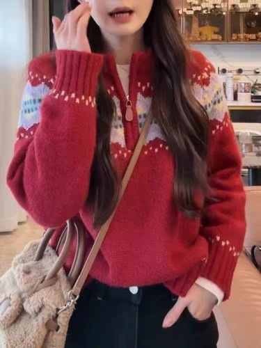 Fair Isle Retro Jacquard Half-Zip Red Sweater Women's Winter Atmosphere Christmas Casual Soft Waxy Sweater Trendy