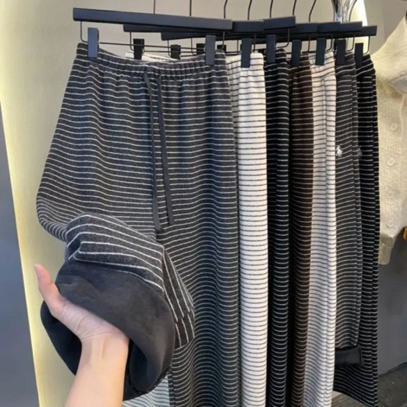 Original quality striped elastic waist drawstring wide leg pants for women new high waist plus velvet casual pants for women