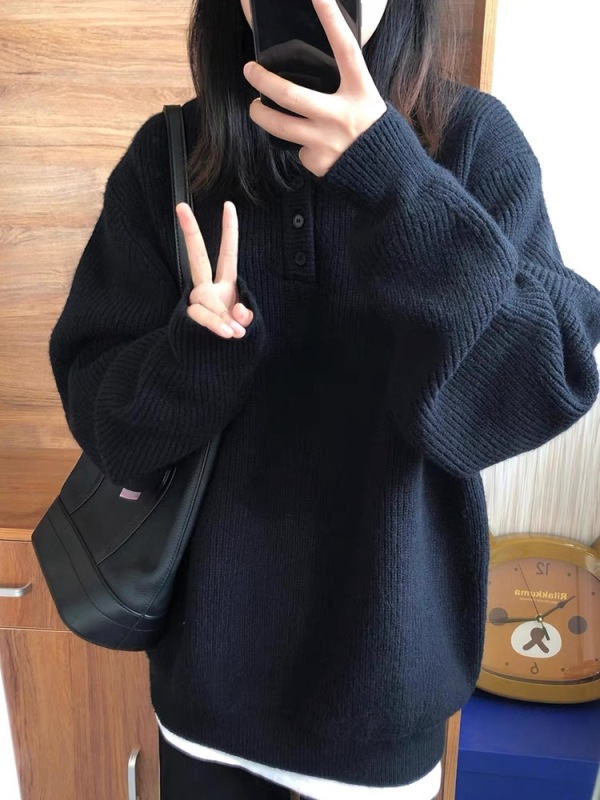 Black pullover sweater for women autumn and winter 2024 new style lazy style high-end retro loose thickened knitted top