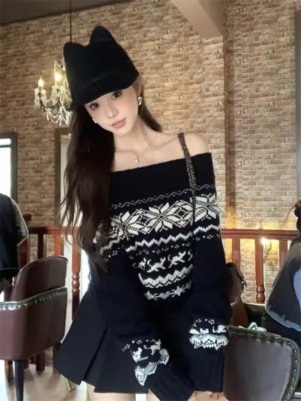Christmas atmosphere one-shoulder Fair Isle sweater for women 2024 winter new style lazy niche long-sleeved knitted top