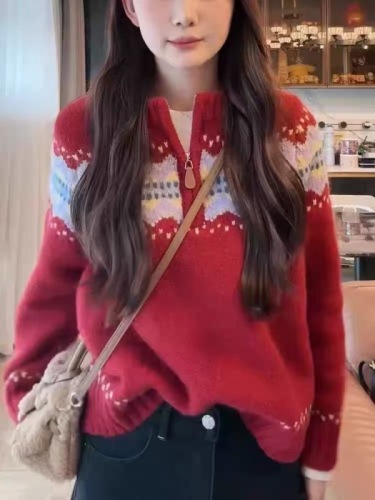 Fair Isle Retro Jacquard Half-Zip Red Sweater Women's Winter Atmosphere Christmas Casual Soft Waxy Sweater Trendy