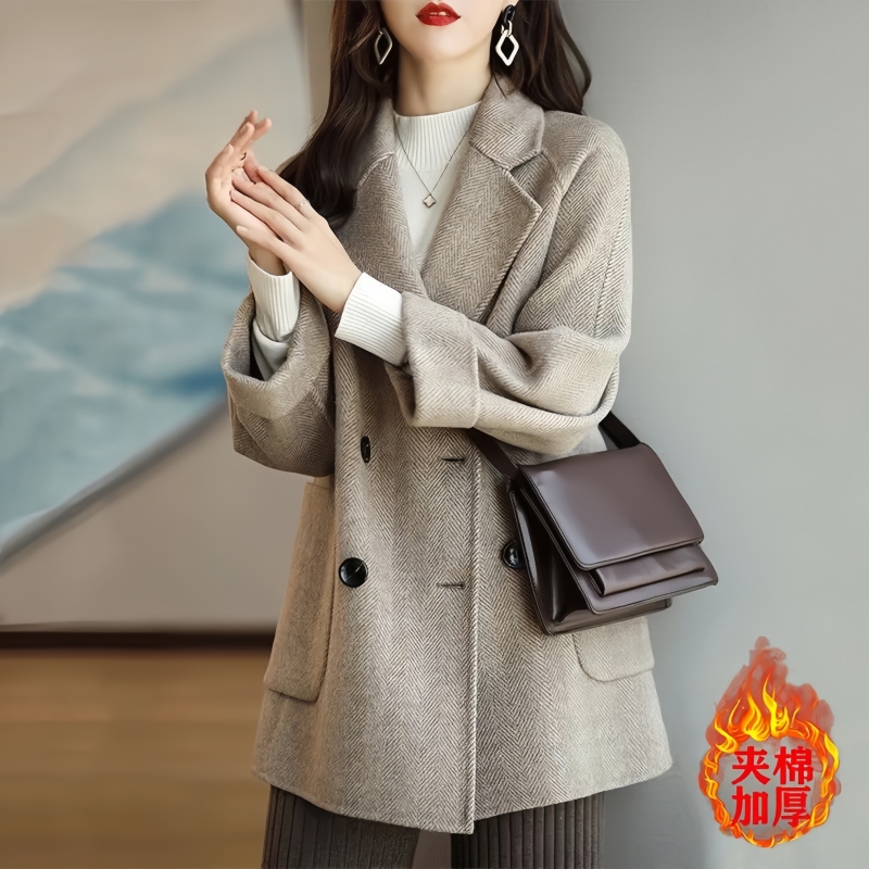 M-4XL Woolen Coat Women's 202 Autumn and Winter New Style Loose Slim Versatile Western Herringbone Pattern Woolen Coat