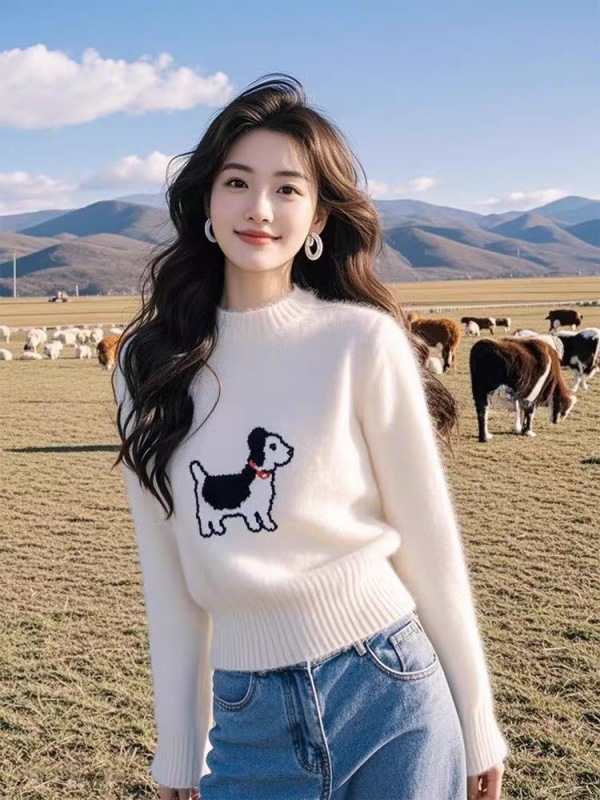 Korean fun puppy print long-sleeved sweater for women 2024 winter new fashion short slim white top