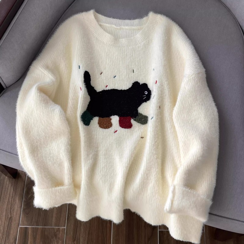 Imitation mink velvet + three-dimensional embroidery kitten, soft and waxy imitation mink velvet sweater, loose long-sleeved top, lazy style round neck
