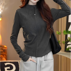 European stand-up collar double zipper long-sleeved T-shirt 2024 autumn and winter large size fat mm plus velvet warm slimming bottoming shirt top