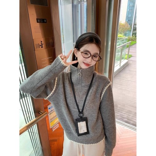 Half-zip turtleneck sweater for women 2024 new autumn loose design niche chic long-sleeved sweater top